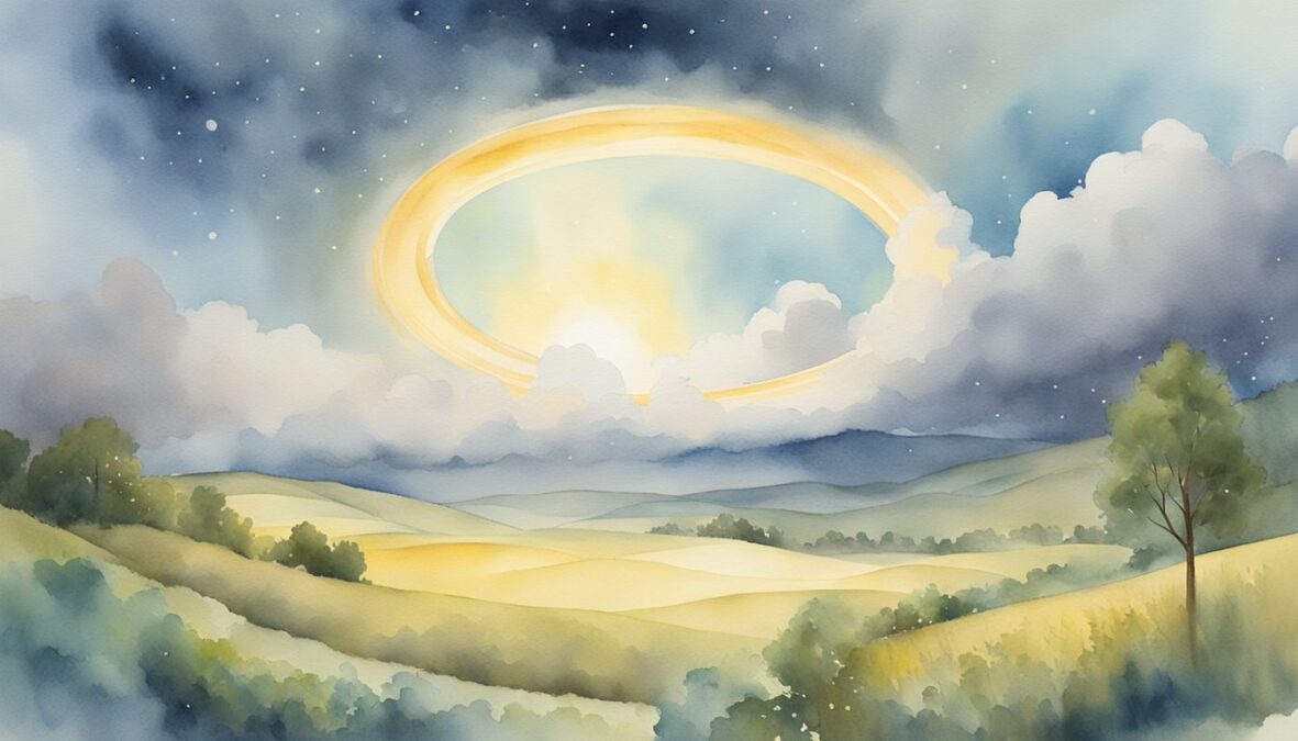 A glowing halo hovers above a serene landscape, with a figure of the number 918 appearing in the clouds, surrounded by celestial light