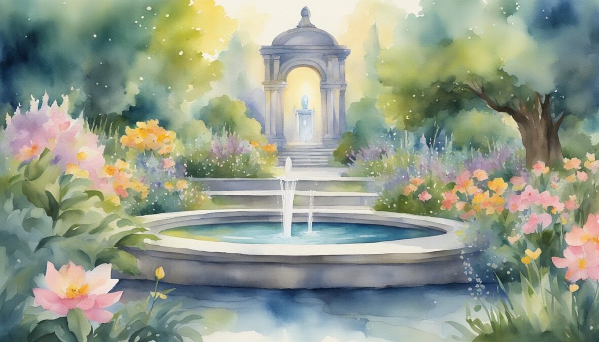 A serene garden with a flowing fountain and blooming flowers, surrounded by ancient wisdom texts and glowing angelic figures