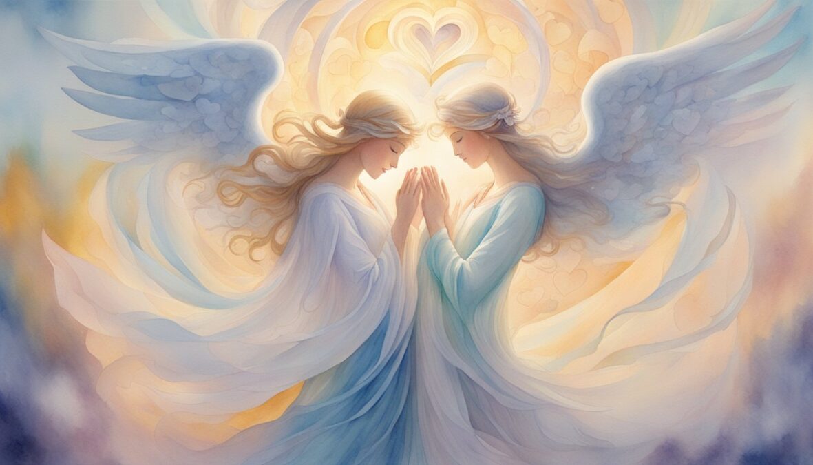 Two angelic figures embrace, surrounded by swirling hearts and ethereal light, as the number 107 hovers above them