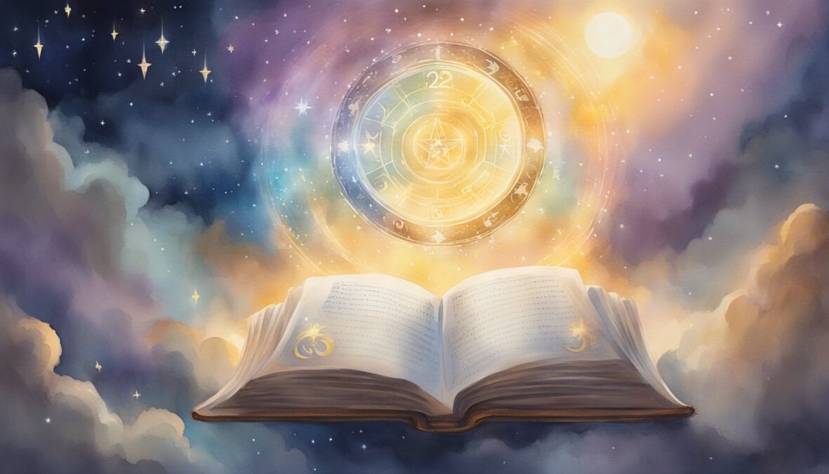 A glowing halo hovers over a book with the numbers 1225 illuminated, surrounded by celestial beings and symbols of faith
