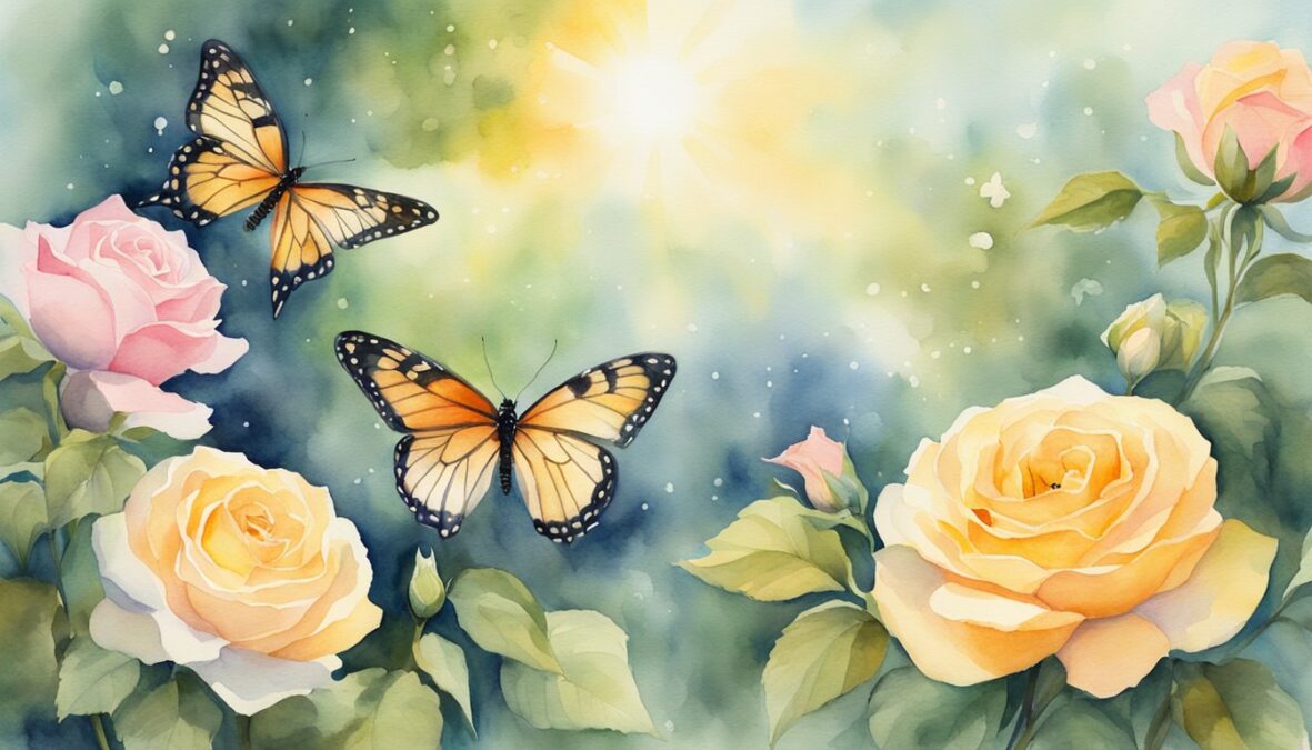 A serene garden with four butterflies fluttering around seven blooming roses, while a radiant sun shines down from the heavens