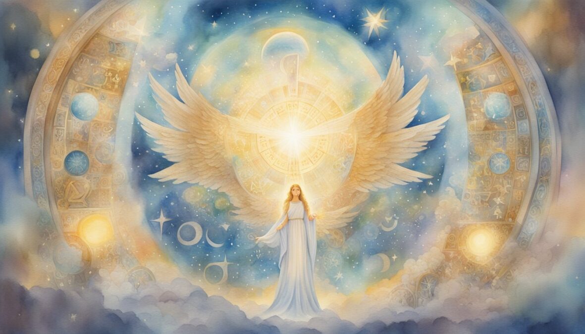The scene shows a shining 2111 angel number surrounded by celestial light and surrounded by guiding symbols and messages