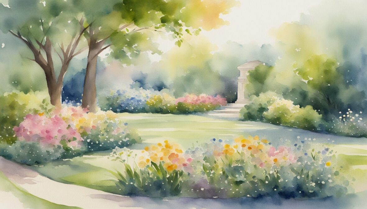 A serene garden with blooming flowers and a gentle breeze, with a subtle glow of light shining down from the sky, creating a sense of peace and harmony