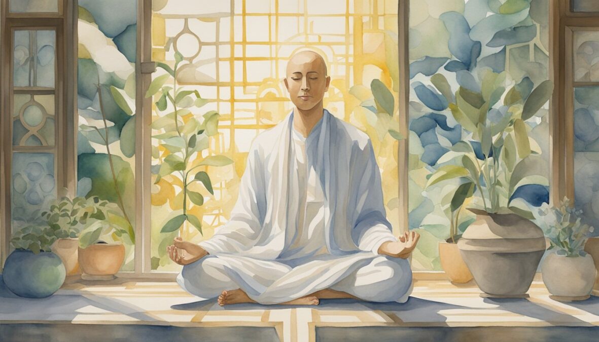 A serene figure meditates in a sunlit room, surrounded by symbols of growth and transformation.</p></noscript><p>The number 427 is prominently displayed, radiating a sense of peace and purpose