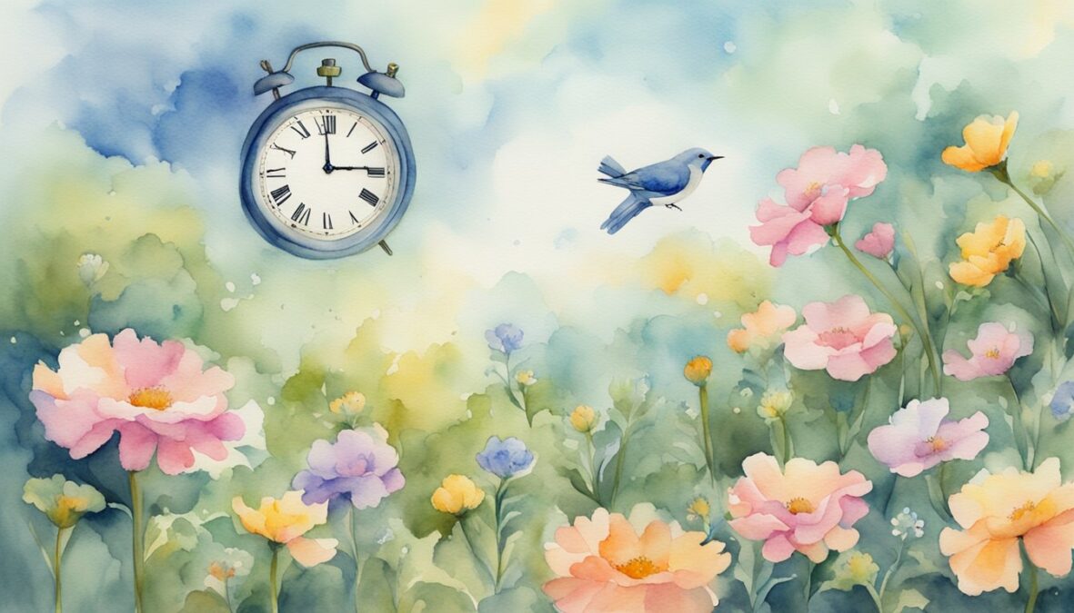 A garden with blooming flowers, a clock showing 4:27, and a bird flying in the sky with 427 written in the clouds