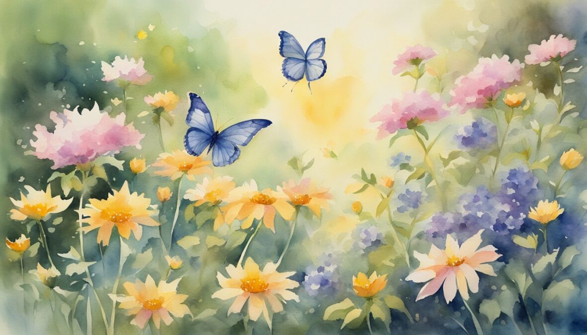A serene garden with blooming flowers, a gentle breeze, and a radiant sun casting a warm glow, while a pair of butterflies dance gracefully in the air