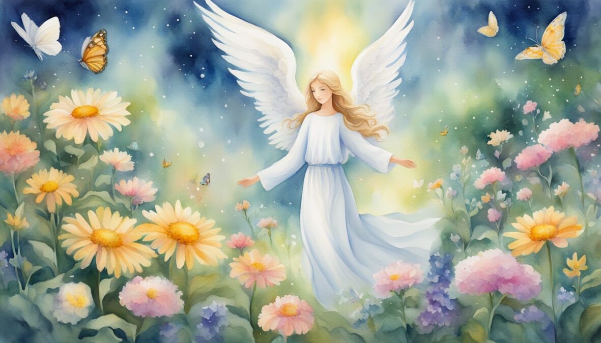 A glowing white angel hovers over a peaceful garden, surrounded by vibrant flowers and gentle butterflies.</p></noscript><p>The number 517 shines brightly in the sky