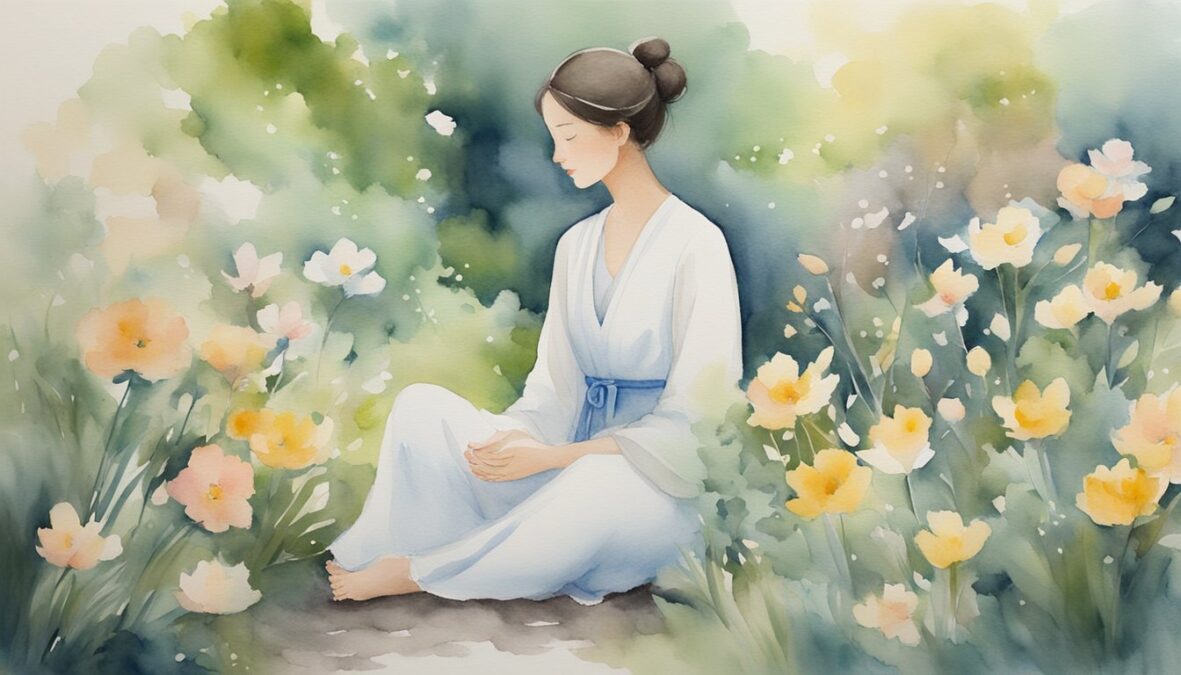 A serene figure meditates in a peaceful garden, surrounded by blooming flowers and a gentle breeze.</p></noscript><p>The number 610 is subtly integrated into the natural elements, conveying a sense of guidance and harmony
