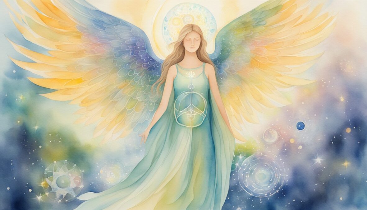 A serene figure gazes at a glowing 696 angel number, surrounded by symbols of personal growth and spiritual awakening