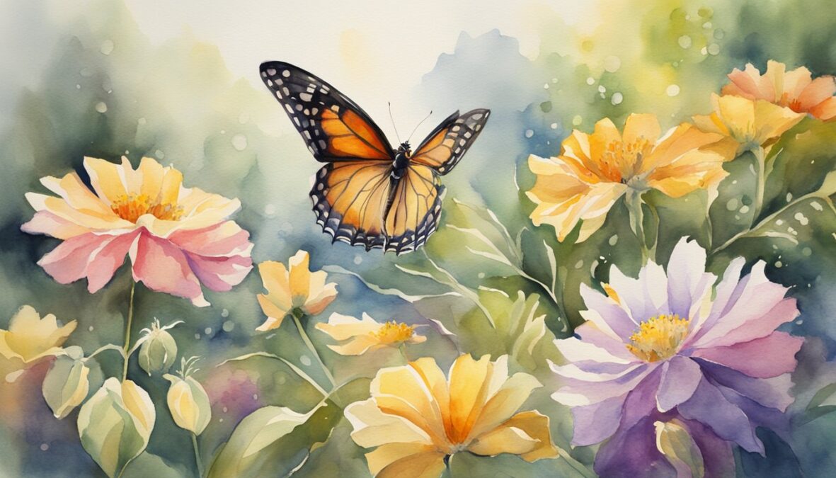 A garden blooms with vibrant flowers, while a butterfly emerges from its chrysalis.</p></noscript><p>The sun shines brightly, casting a warm glow over the scene