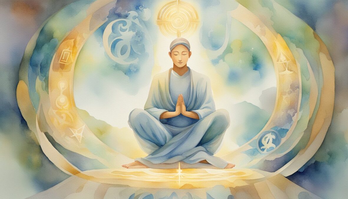 A serene figure meditates under a radiant beam of light, surrounded by symbols of guidance and protection