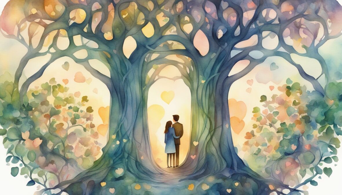 A couple stands beneath a glowing 824, surrounded by hearts and intertwined vines.</p></noscript><p>The number emanates warmth and love, symbolizing a deep connection