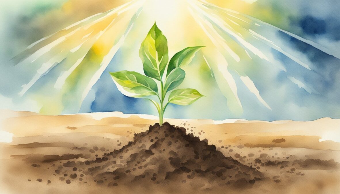 A seedling breaking through the soil, surrounded by rays of sunlight and reaching towards the sky, symbolizing personal growth and opportunities