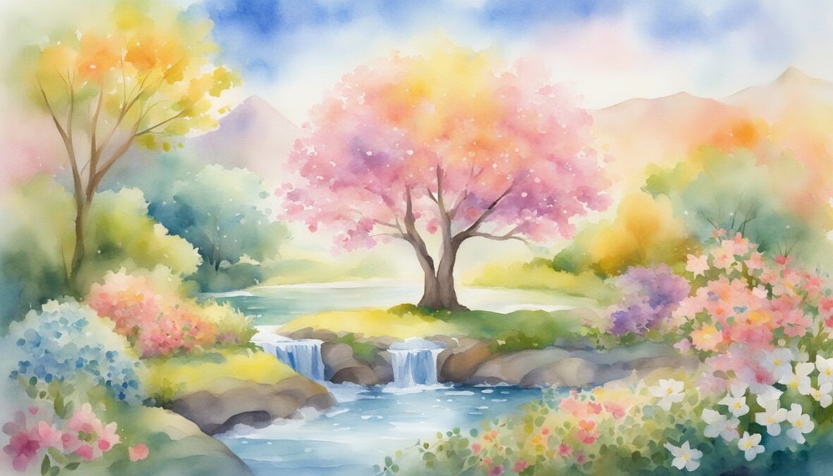 A serene garden with a blooming tree, a flowing river, and a radiant sun, surrounded by diverse symbols of love, peace, and enlightenment