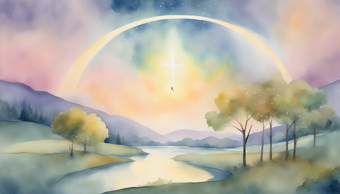 A glowing number 923 hovering above a serene landscape with angelic figures surrounding it