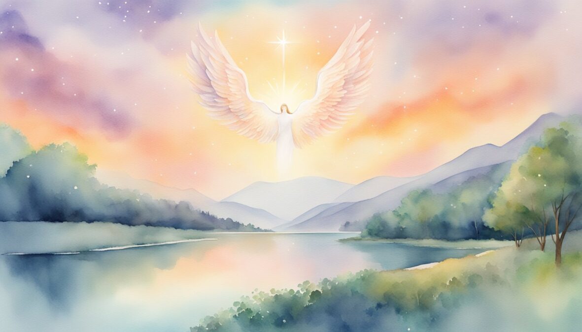 A glowing 1014 angel number hovers above a serene landscape, surrounded by celestial light and gentle, comforting energy