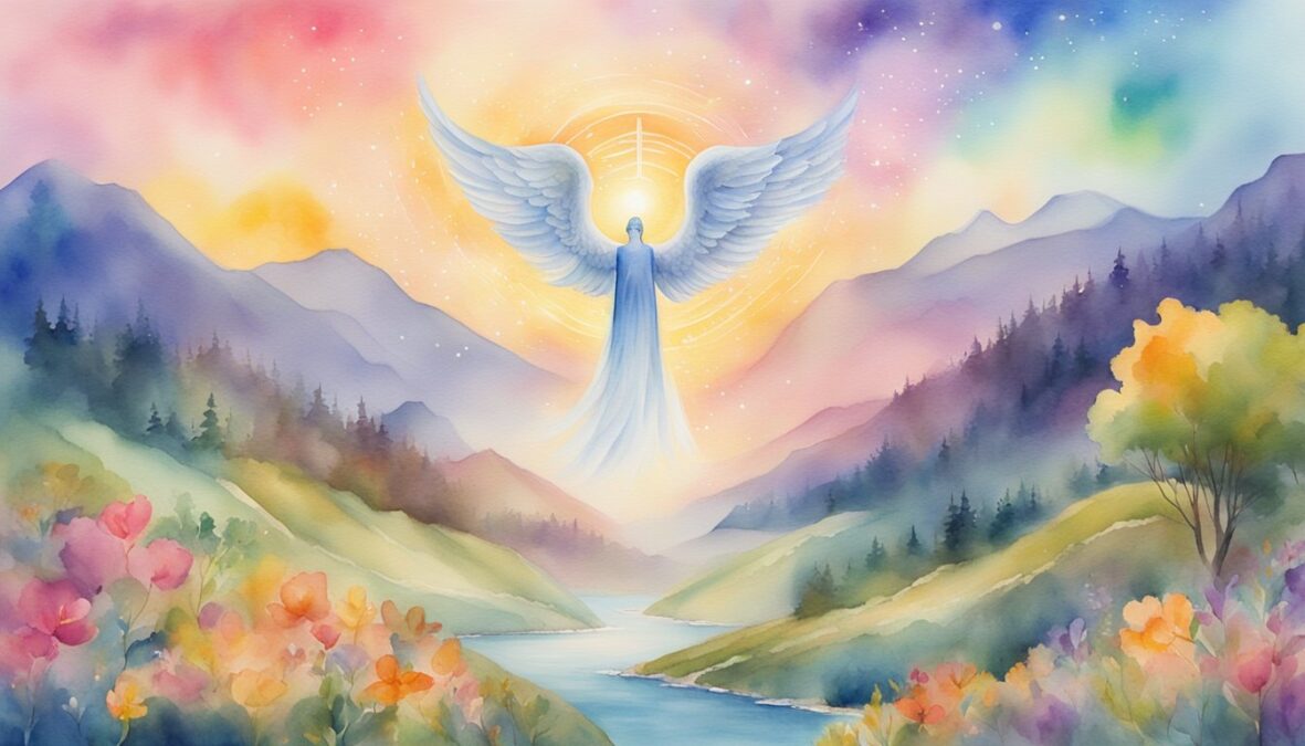 A glowing 1015 angel number hovers above a serene landscape, surrounded by vibrant colors and symbols of abundance and manifestation
