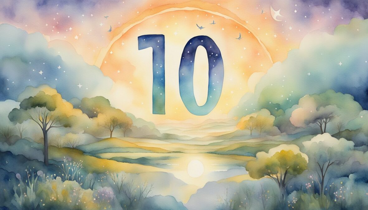 A glowing number "1015" hovers above a serene landscape, surrounded by celestial symbols and a sense of divine presence