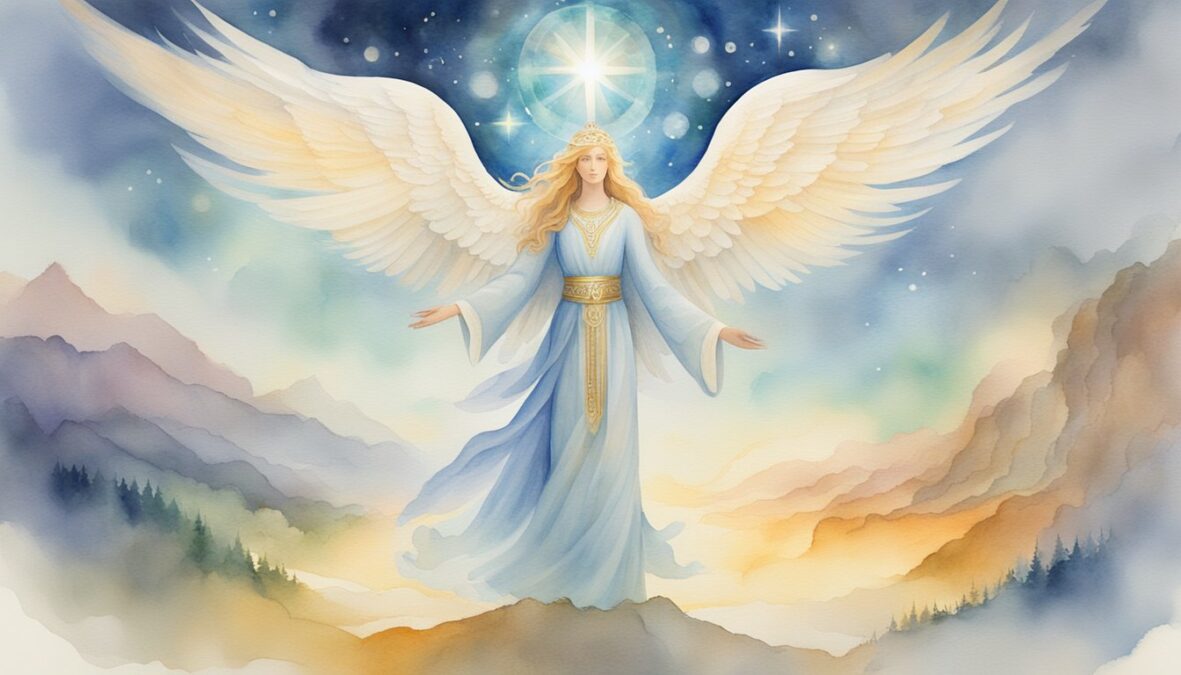 A glowing angelic figure hovers above a serene landscape, surrounded by symbols of light, harmony, and divine energy