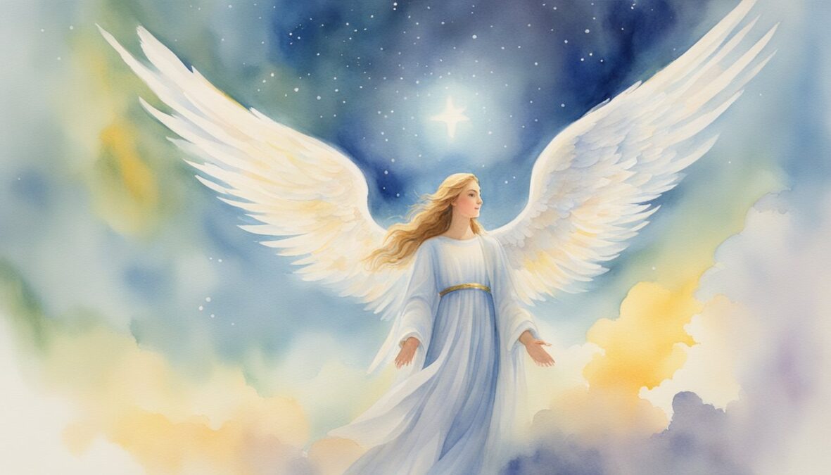 A serene angelic figure hovers above a person, radiating light and offering guidance.</p><p>The person looks up in awe, receiving wisdom and comfort