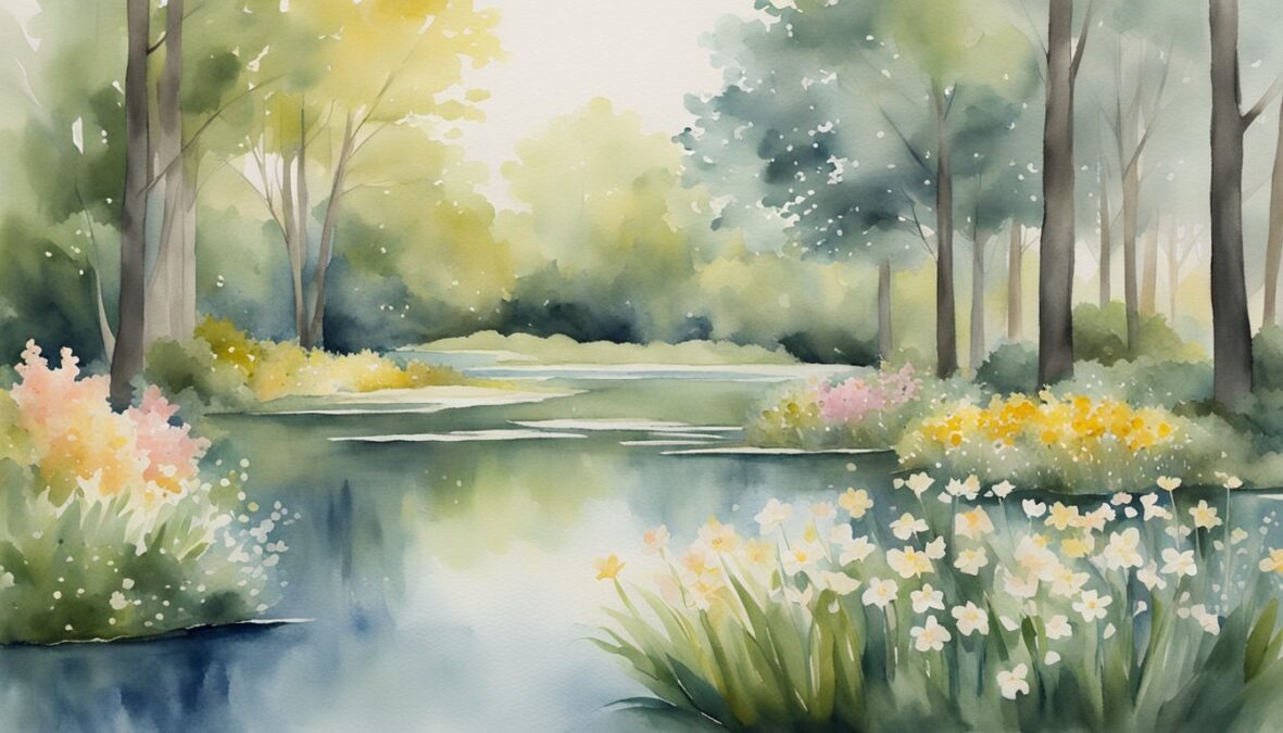 A serene garden with blooming flowers and a tranquil pond, surrounded by tall trees and a gentle breeze.</p></noscript><p>The number "1116" subtly integrated into the natural elements