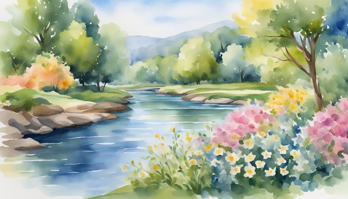 A garden with blooming flowers, a flowing river, and a clear blue sky, symbolizing peace, harmony, and spiritual growth influenced by 1124 angel number