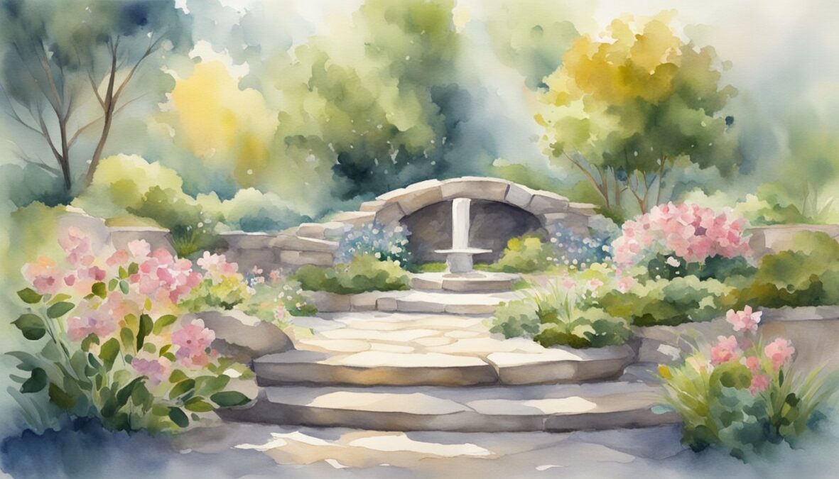 A serene garden with blooming flowers and a gentle breeze, where a beam of sunlight shines on a stone inscribed with the numbers 1217