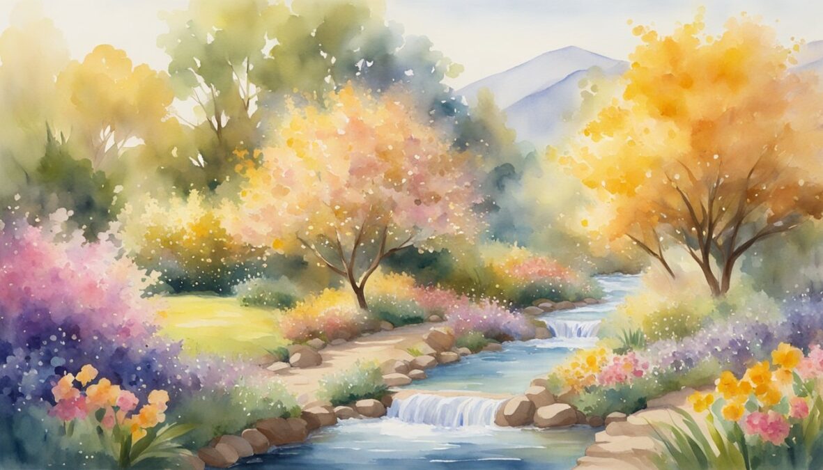A vibrant garden with blooming flowers, overflowing fruit trees, and a clear, flowing stream, surrounded by a golden glow and sparkling with abundance