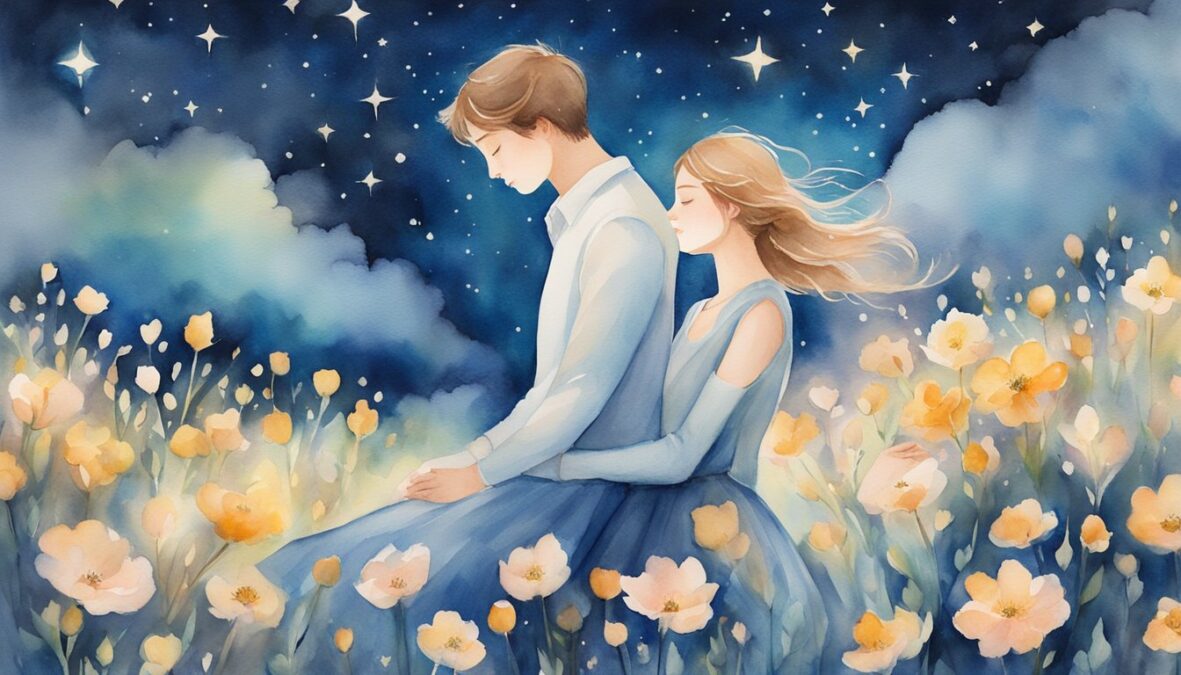 A couple embraces under a starry sky, surrounded by blooming flowers and a gentle breeze.</p></noscript><p>The number 1252 glows in the sky, symbolizing love and divine guidance