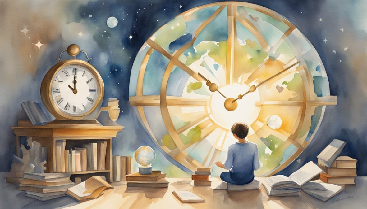 A figure surrounded by everyday symbols: a clock, a book, a heart, and a globe.</p></noscript><p>Rays of light shine down from above, illuminating the scene