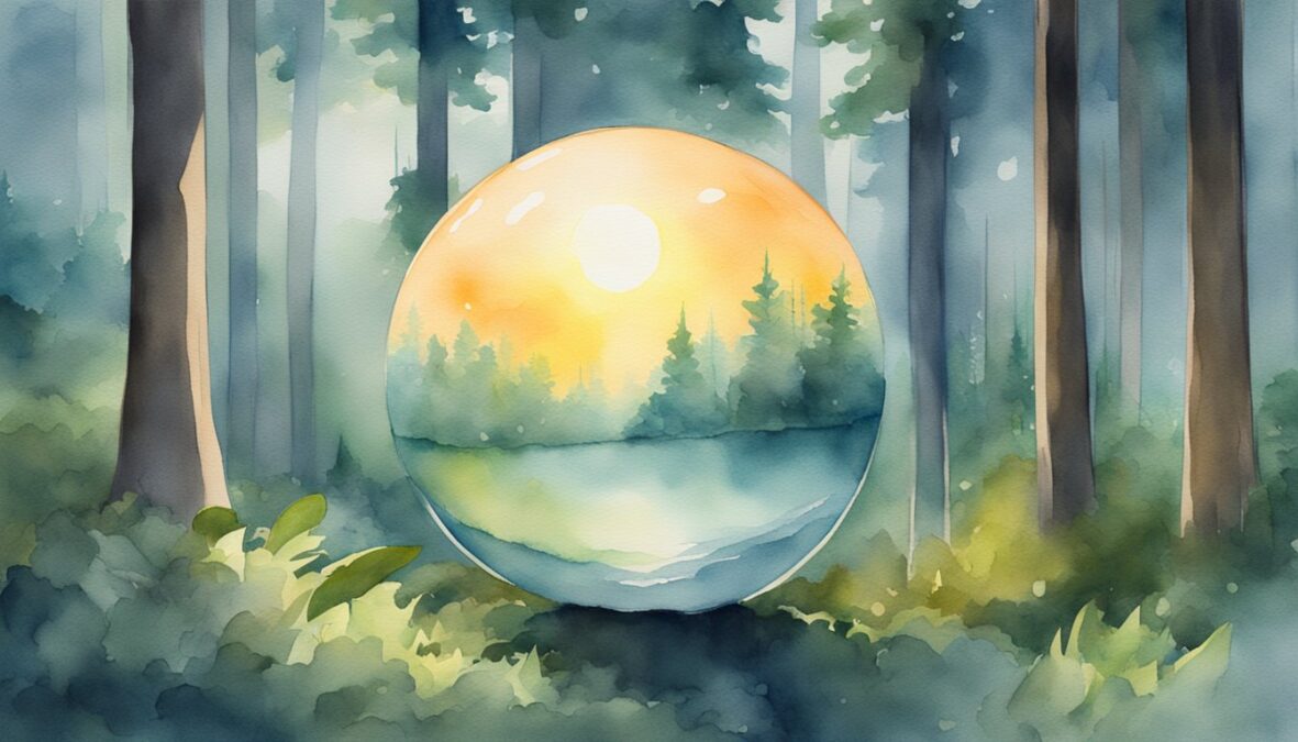 A glowing orb hovers above a tranquil forest, radiating light and casting a peaceful glow over the surroundings