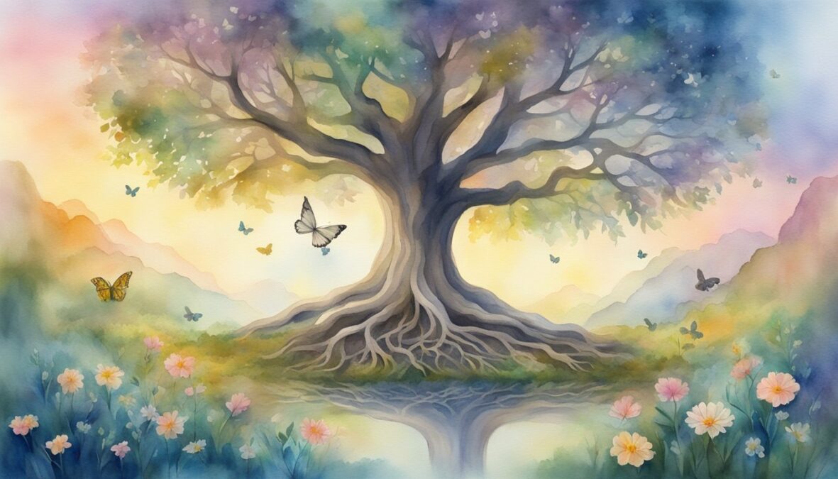 A tree with roots reaching deep into the ground, surrounded by blooming flowers and butterflies, under the watchful eye of a glowing 207 angel number