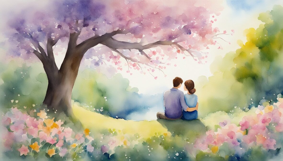 A couple sits under a tree, surrounded by blooming flowers.</p></noscript><p>The number 208 appears in the sky, radiating love and harmony