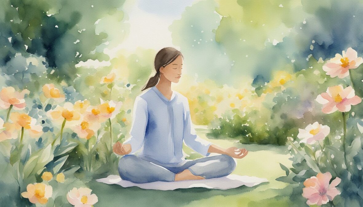 A person meditates in a peaceful garden, surrounded by blooming flowers and a gentle breeze, while a subtle glow of light illuminates the area, symbolizing the presence of angel number 219 in daily life