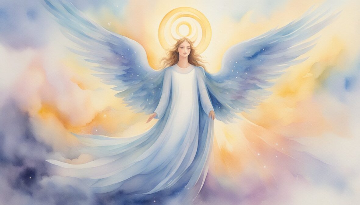 A glowing number "219" hovers above a serene angel, surrounded by celestial light and a sense of divine presence