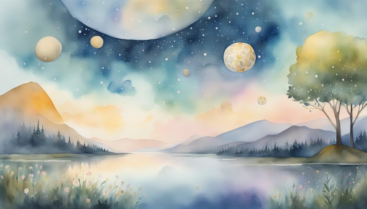 The number 235 floats above a serene landscape, surrounded by celestial symbols and a sense of peace