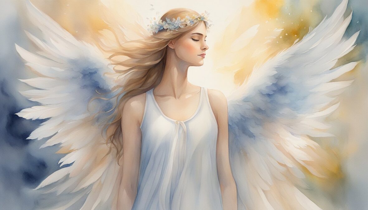 A glowing number "238" hovers above a serene angel, surrounded by soft light and gentle feathers