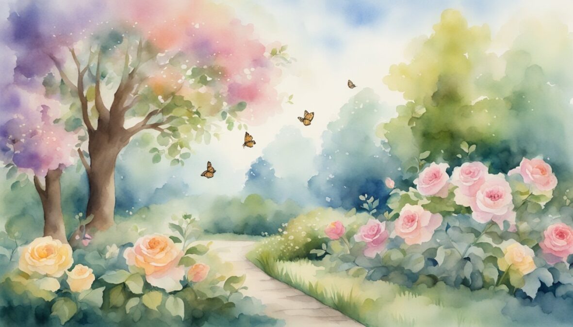 A serene garden with three blooming roses, one tall tree, and nine fluttering butterflies