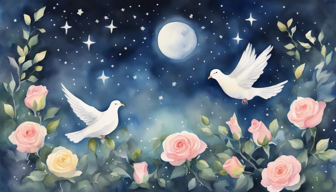 A serene garden with three blooming roses, two soaring doves, and six twinkling stars forming the number 326 in the night sky
