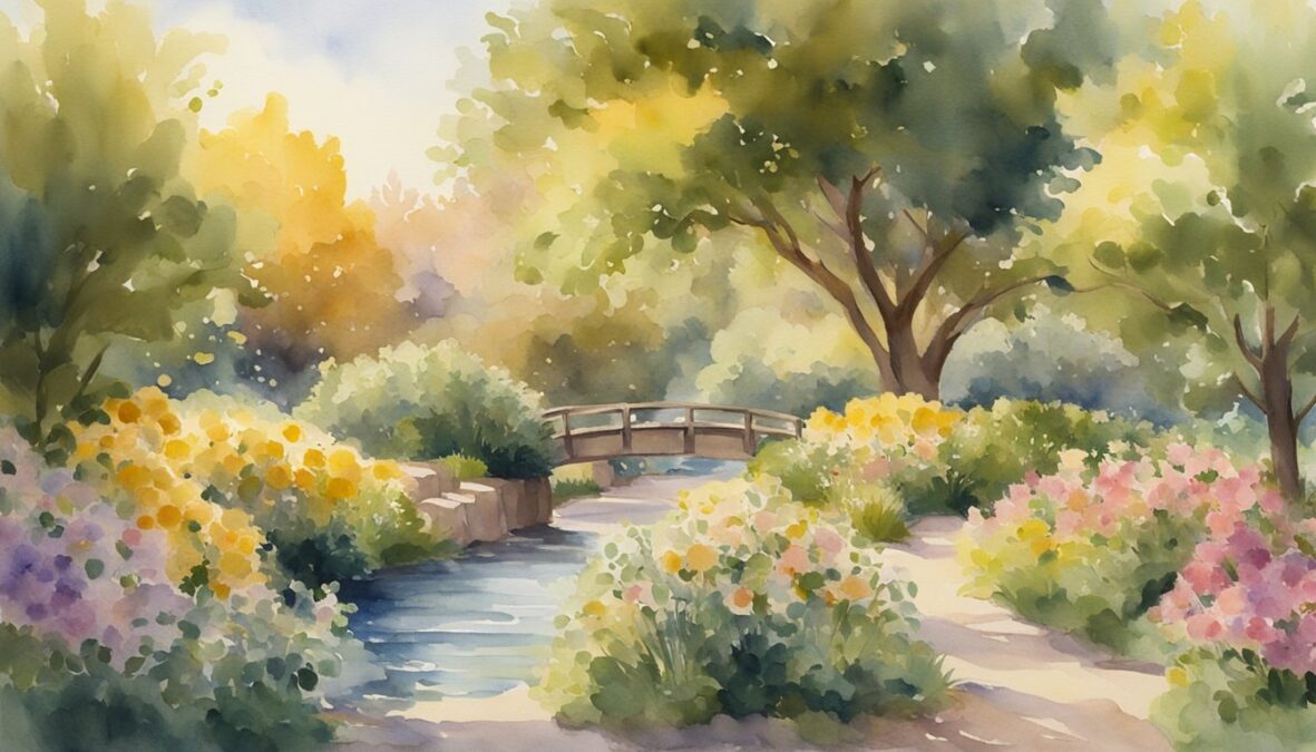 A lush garden with blooming flowers, overflowing fruit trees, and a flowing stream, bathed in golden sunlight