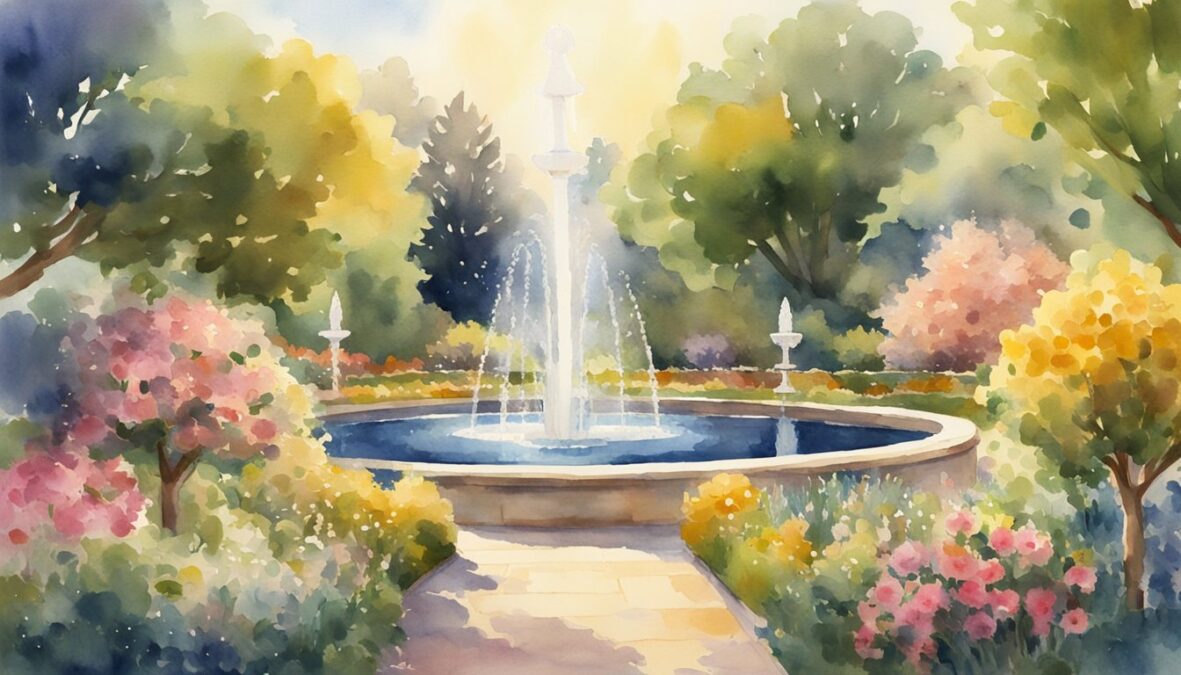 A lush garden with blooming flowers, overflowing fruit trees, and a sparkling fountain, surrounded by a halo of golden light