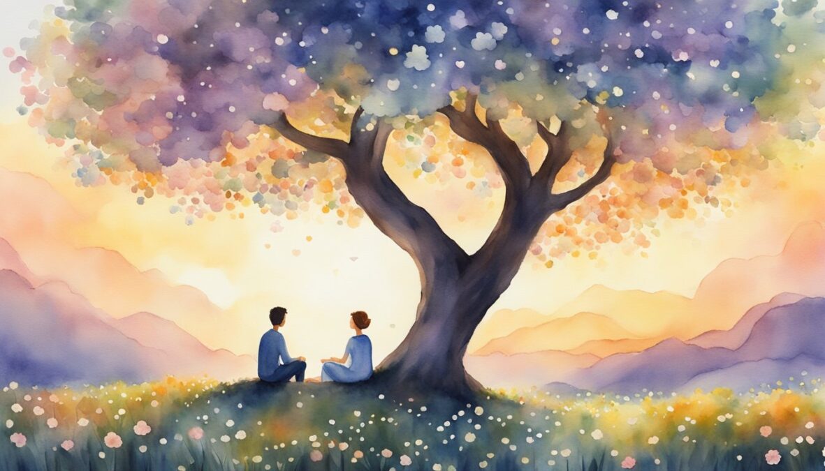 A couple sits under a tree, surrounded by 354 flowers.</p></noscript><p>A glowing 354 appears in the sky, symbolizing their harmonious relationship