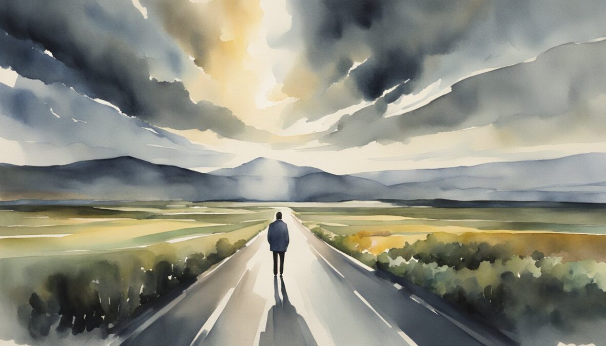 A figure stands at a crossroad, facing multiple paths.</p></noscript><p>Dark clouds loom overhead, but a ray of light breaks through, illuminating the way forward