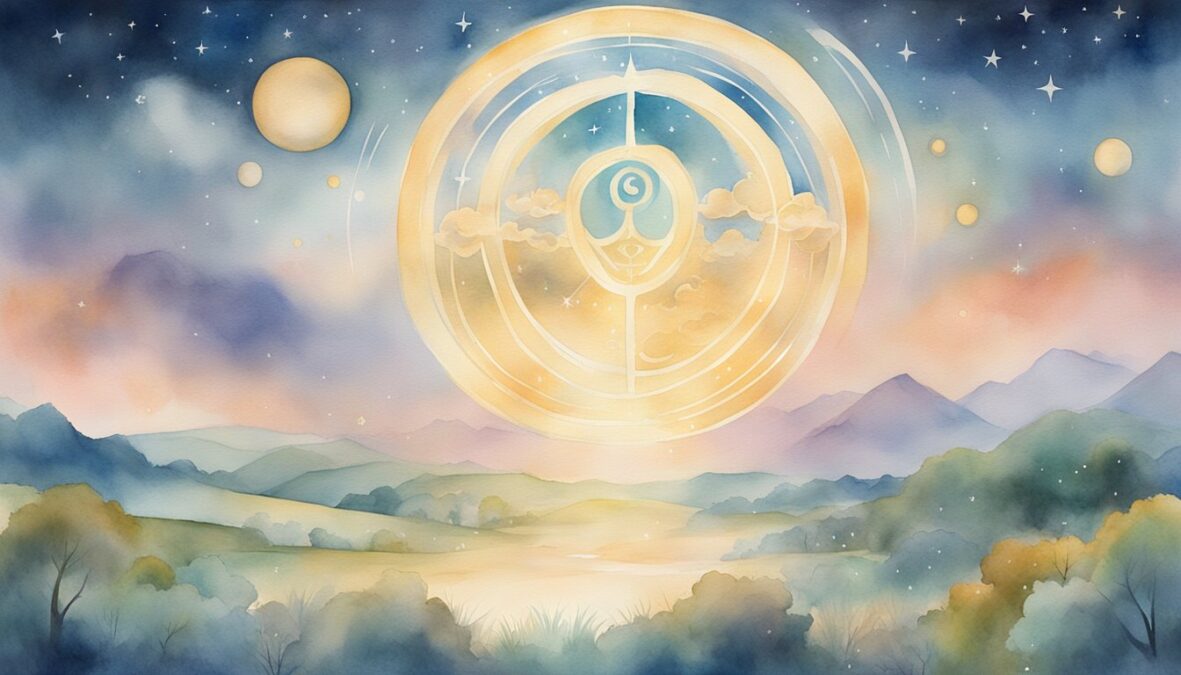 A glowing number 383 hovers above a serene landscape, surrounded by celestial symbols and angelic figures
