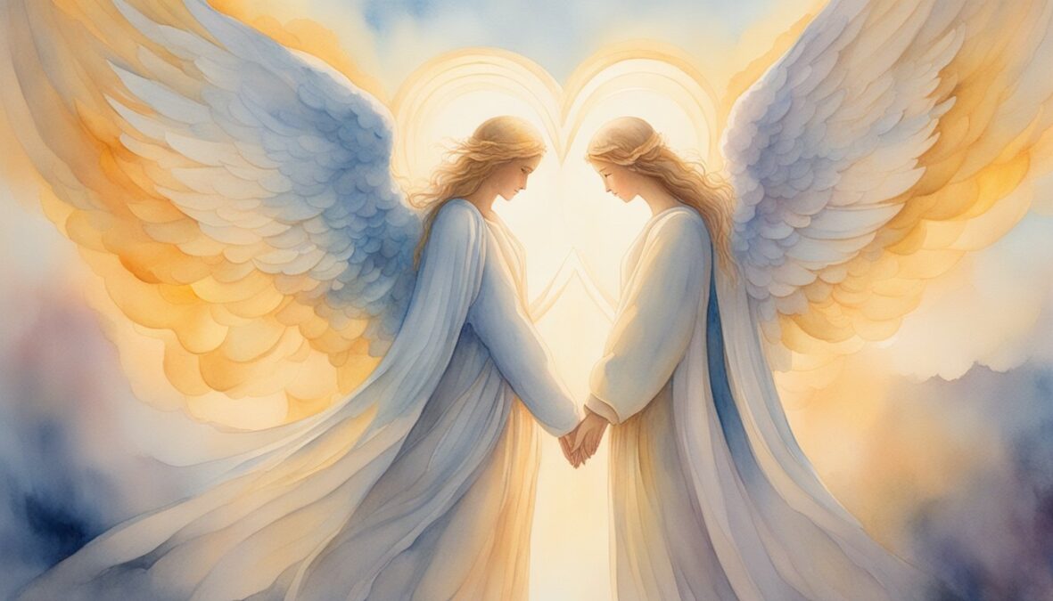 Two angelic figures stand facing each other, surrounded by a warm glow.</p><p>The number 418 hovers above them, symbolizing love and relationships