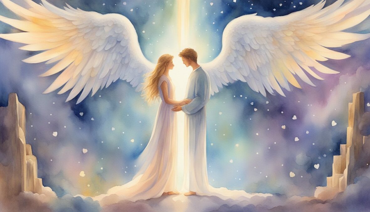 A couple stands facing each other, surrounded by glowing hearts and angelic figures, symbolizing love and the divine connection of the 4466 angel number