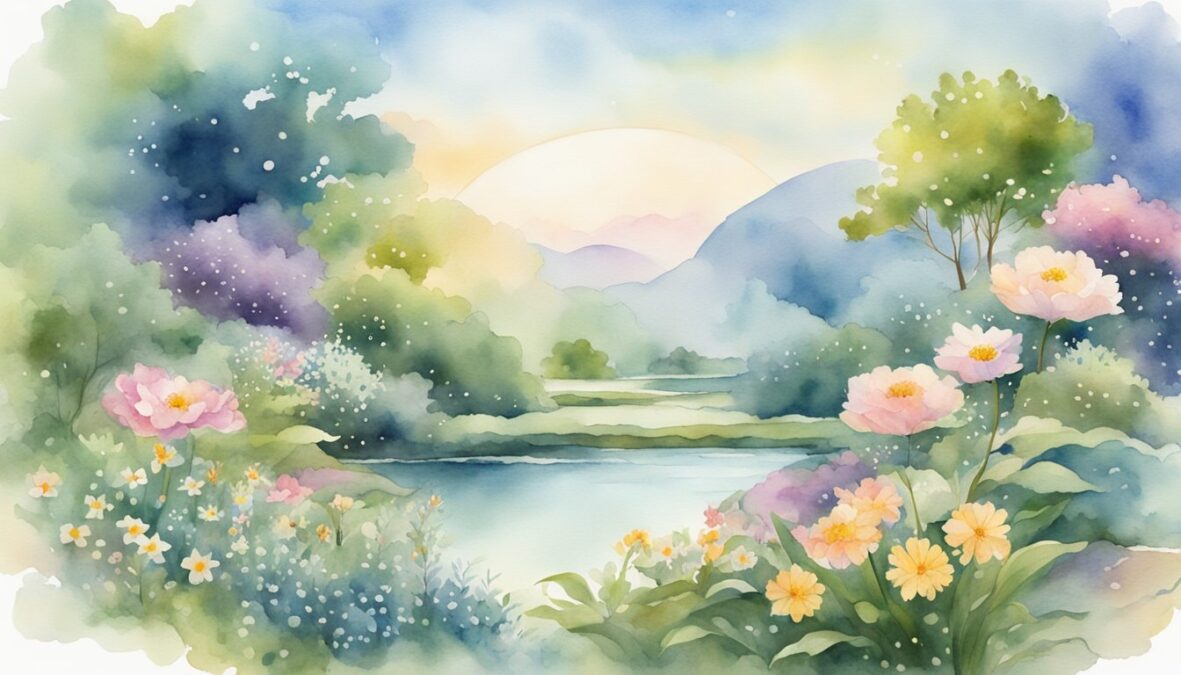 A serene garden with a yin-yang symbol at its center, surrounded by blooming flowers and flowing water, under a peaceful sky