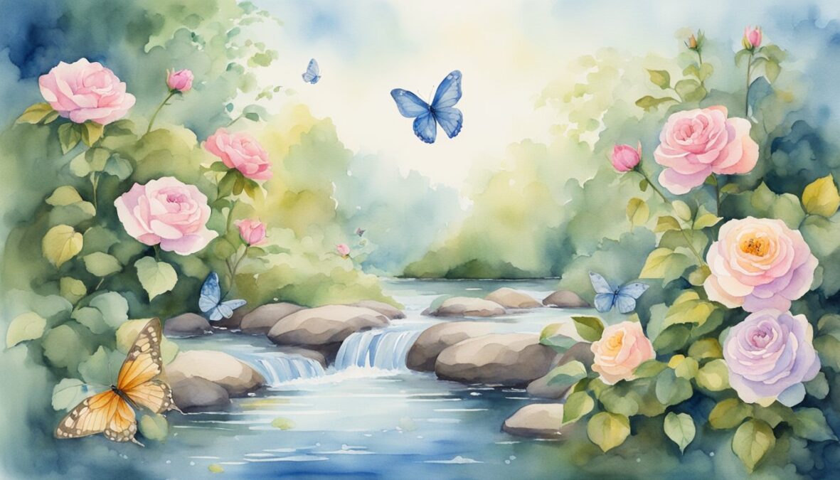 A serene garden with five blooming roses and two fluttering butterflies, surrounded by a peaceful stream and a clear blue sky