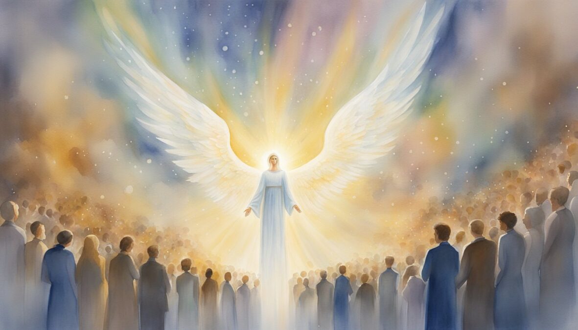 A glowing angelic figure hovers above a crowd, surrounded by floating numbers 5, 2, and 0, radiating a sense of guidance and reassurance
