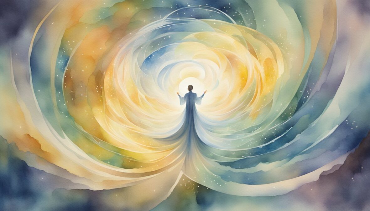 A figure stands at the center of a swirling vortex, surrounded by beams of light and symbols representing personal and spiritual growth